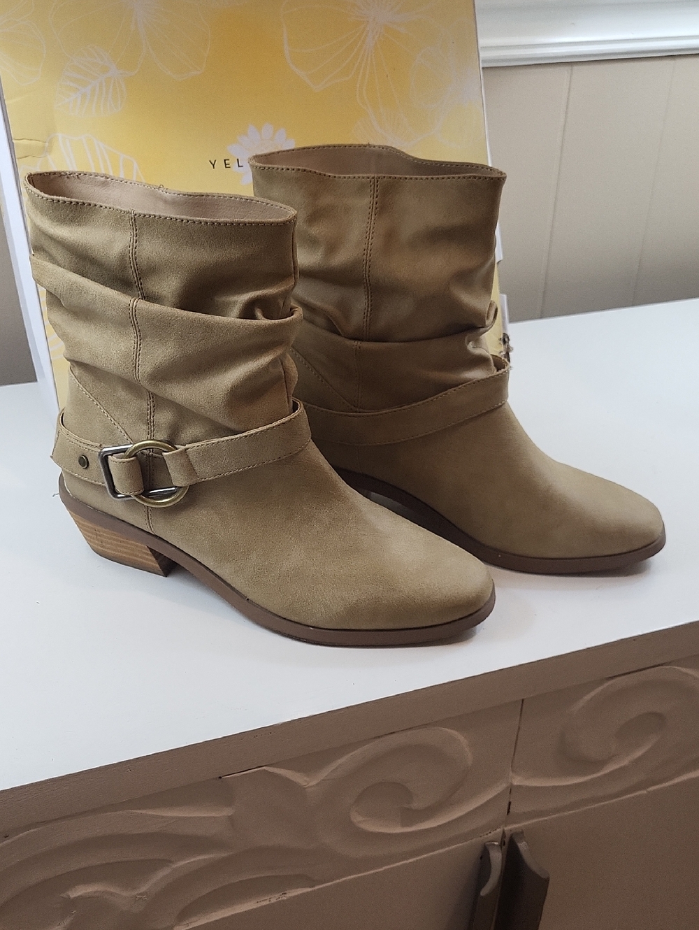 Yellow Box Slouch Ankle Boots in Tan
